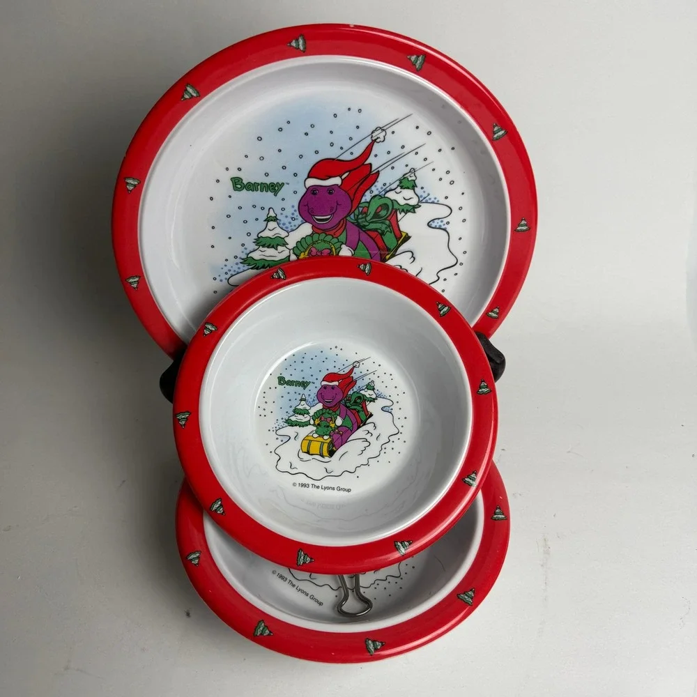 Vintage 1993‎ Barney Christmas Melamine Plate and Bowls Set Selandia 3 Piece